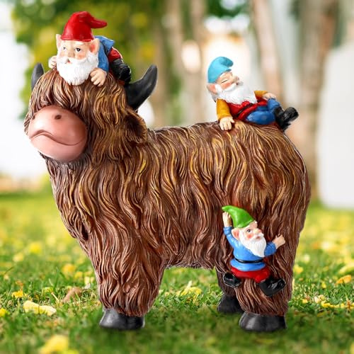 Suzile Statues de nains de jardin décoratives de 24 cm - Statues de jardin en résine assis sur une vache des Highlands - Cadeau d'anniversaire pour femme, maman, pour la maison, la table, la cour, le