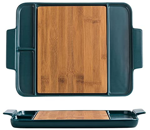 Platos rectangulares de madera de bambú para carne de madera, platos divididos de cerámica duradera para asar carnes y mariscos en restaurante o cocina en casa