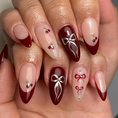 Ceboic 24 Stück Press on Nails Mandel, Mittellang Glänzend Nude Rot French Tip Falsche Nägel mit Kirsch Fliege Design, Natürlich Künstliche Nägel Acryl Fingernägel zum Aufkleben für Frauen Mädchen