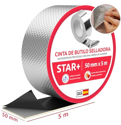 OPTIMER HOME Cinta de Butilo Impermeable Autoadhesiva 50mmx5m, Cinta selladora impermeable se adhiere a Vidrio, Cemento, Madera | Tapa fugas de agua en casa | Fabricado en España