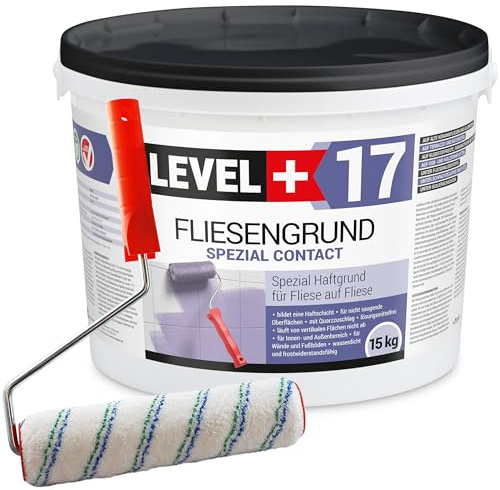 Level + 17 Fliesengrund Spezial Contact für Fliese auf Fliese - Spezial-Haftgrund mit Quarzsand für Fliesen, Glasmosaik, Naturstein - Grundierung für Innen & Außen - Lösemittelfrei - 15kg & Farbroller