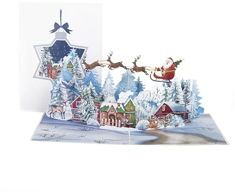 Cavoado® Weihnachtskarte mit 3D Pop-up Santa, Rentieren und Winterlandschaft – Faltbare Glückwunschkarte für die Festtage – Inkl. Umschlag