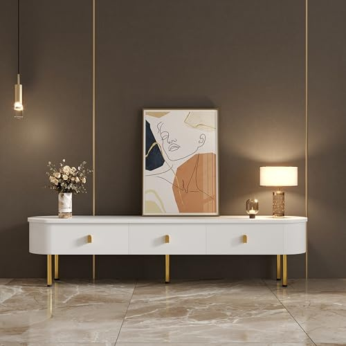 Merax TV-Schrank Lowboard mit DREI Schubladen, goldenen Griffen und geschwungenen Ecken – 174 cm Lowboard in glänzendem Weiß