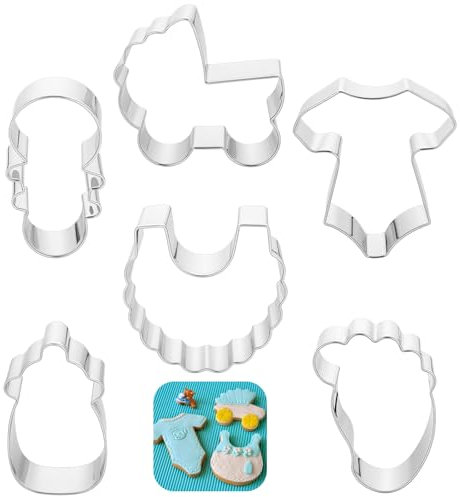 Set di 6 formine per biscotti Camicia, sonaglio, biberon, bavaglino, passeggino, piedi di bambino Acciaio inox Per baby shower e feste di compleanno