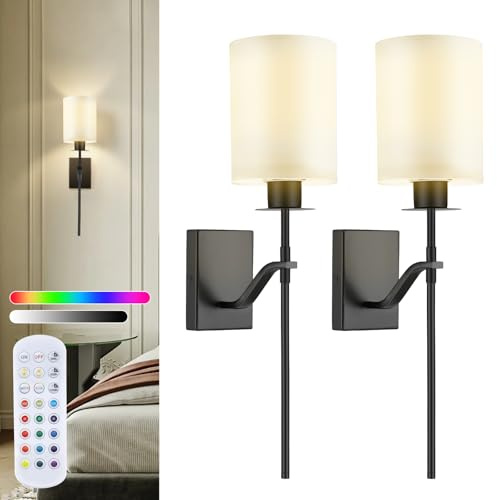 Battery Operated Wall Sconces of 2, Rechargeable LED Wall Lamp, Dimmable Wall Light Not Hardwired Fixture, USB Charging Bulbs with Remote,Latest 2 kinds of RGB dynamic modes, 12 RGB colors(01)