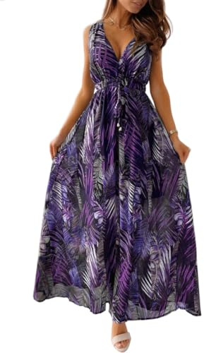 CheChury Robe de Plage Longue Femme Imprimé Floral Col en V d'été Boho avec Volants Sans Manche Maxi Décontracté Chic Bohème Elégant