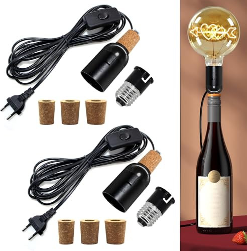 2 Pezzi Portalampada E27 per Bottiglia, Portalampada con Interruttore e 240CM Cavo, Kit Lampada per Bottiglia di Vino con 3 Tappi di Tappo, DIY Creatività Lampada da Tavolo Adattatore Kit