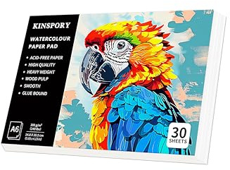 KINSPORY Watercolour Paper Pad A6 x 30 Sheets - 300GSM Glue Bound, Cold-Pressed Texture Art Watercolour Paper, Sketchbook for Painting, Drawing, Sketching and Mixed Media - 10.5 x 14.8 cm