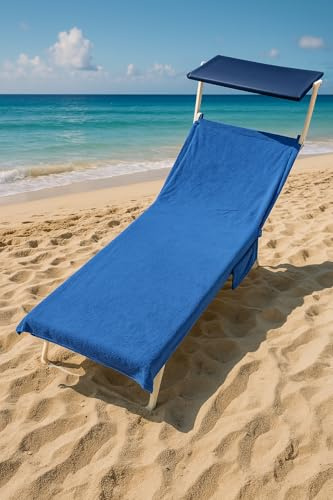 Generico Telo Mare con Tasche Laterali - Asciugamano Mare Spugna - Asciugamani Mare/Piscina, Elastici di fissaggio Laterali, 2 Tasche (Blu)