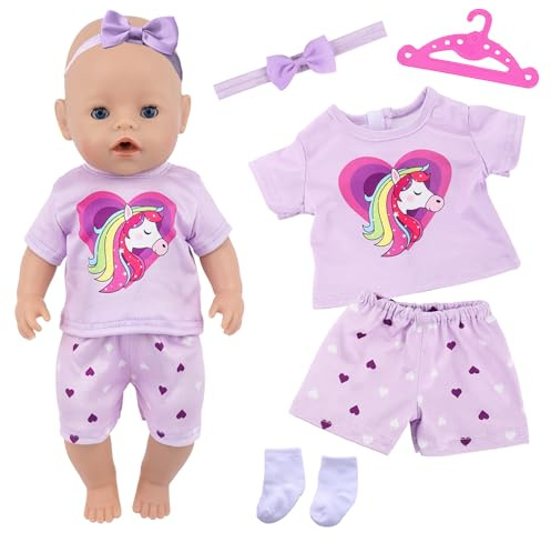 5 pezzi di abbigliamento per bambole da 14-18 pollici, 35-43 cm, Outfit per bambole, 1 manica corta, 1 pantaloncino, 1 fascia con fiocco, 1 appendiabiti, 1 paio di calzini, regalo di compleanno per