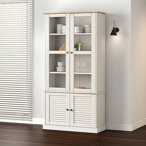 ULUYYUC Vitrinenschrank Weiß Massivholz Kiefer 85x35x170 cm mit Glastüren und Einlegeböden Schmaler Regalschrank für Wohnzimmer Dekoration und Aufbewahrung