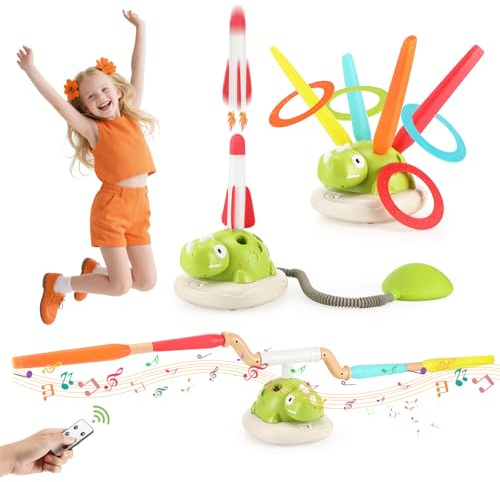 3 en 1 Jeux Exterieur Enfant Kit, Jeu de Lancer d'anneaux, Jouet Fusée, Machine à Sauter à Corde, Jouet de Sport pour Enfants, Jeu Exterieur Enfant 3 Ans avec 4 Vitesses Télécommande et Mélodies