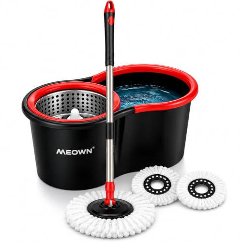 Meown 10L Spin Mop and Bucket Set – 360° Rotating Microfibre Round Mop with Stainless Steel Handle, 2 Refill Pads & Self-Wringing System – Red & Black Mop for Hard Floors, Tile & Wood
