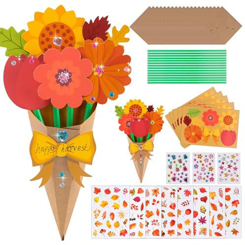 Herenear 24 Stück Herbst Blumenstrauß Bastelset, DIY Herbst Blume Papierbastelset Kinder, Herbst Bastelarbeiten zum Muttertagsgeschenk, Handgefertigte Herbst Dekoration Basteln Blumen