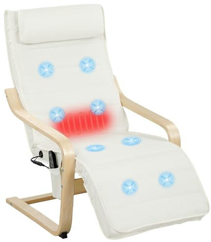 HOMCOM Fauteuil de Salon, Fauteuil Relax massant et Chauffant avec Dossier Haut, Appui-tête, Repose-Pieds réglable, télécommande et Poche latérale, Tissu Aspect Lin, pour Chambre Salon, crème
