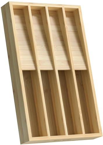 WELL WENG Besteckkasten für Schubladen,Utensilienhalter | 40,7x25,2x4,2cm, Vertikale Aufbewahrung, 8 Fächer, Besteckeinsatz Gabeln und Messer,Schubladeneinsatz Küche,Bambus