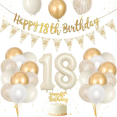 18. Geburtstagsdeko für Mädchen und Jungen, Boho-Deko in Weiß und Gold mit Happy 18-Banner, Dreiecksfahne und Zahl 18-Luftballons für Geburtstagsdeko und Partyzubehör