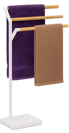 Relaxdays Porte-Serviettes à 3 Barres Horizontales, Non Fixe, HxLxP 75x38,5x18 cm, pour la Salle de Bain, Blanc & Nature