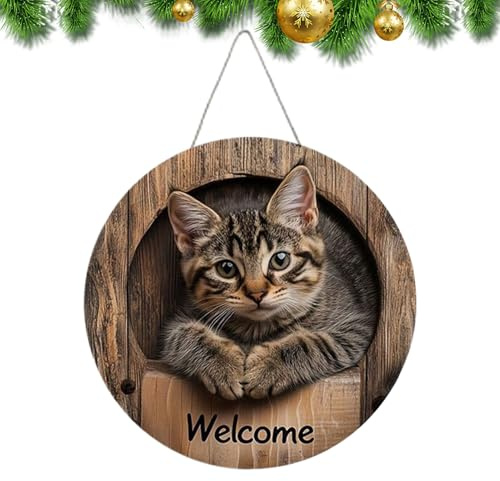 Panneau de porte de bienvenue, panneau en bois à suspendre sur le devant du chat pour vœux saisonniers, décoration sur le thème des animaux avec pendentif plat artistique 2D, panneau mural rustique