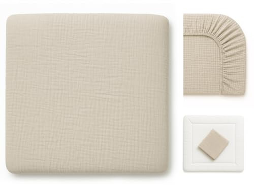 Wickelauflagenbezug 100% Baumwolle Musselin Bezug für Wickelauflage 85x75 und 75x75 cm – weicher Wickeauflagenüberzug, atmungsaktiv & waschbar BEIGE
