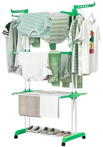 Stendino a Torre con Piedi Antiribaltamento – Stendibiancheria Pieghevole in Metallo, Ali Modulari e Richiudibili, Ruote Pivotanti, 18 m di Stenditura, Portata 25 kg - Ideale Per Famiglie, Verde