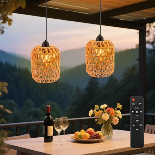 Nastopee 2er-Set Batteriebetriebene Rattan Pendelleuchte, Dimmbare Innen-/Außenbeleuchtung mit Fernbedienung & Timer, IP44 Wassergeschützte tragbare Boho Lampe für Terrasse, Garten, Balkon, Vorgarten