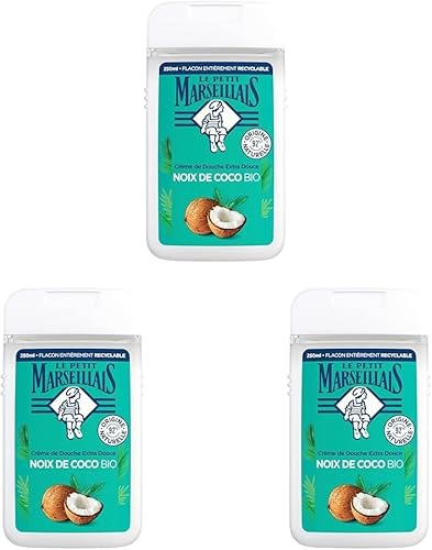Le Petit Marseillais | Crème de Douche Extra Douce Noix de Coco Bio (flacon de 250 ml) – Gel douche avec 92% d'ingrédients d'origine naturelle – pH neutre pour la peau et sans colorant (Lot de 3)
