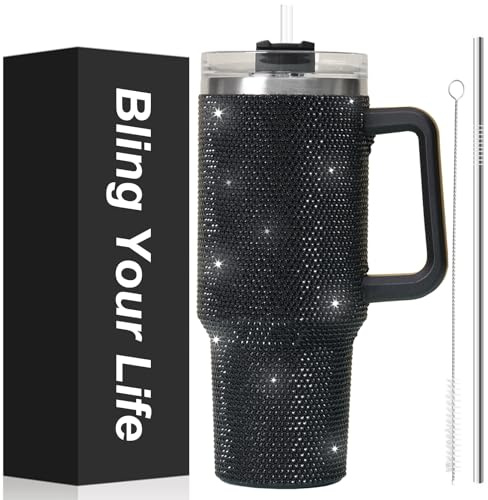 WINCHERRIA 40oz Rhinestone Bling Tumbler with Handle and 2 Straw,Glitter Travel Mug with Lid,Rhinestone Water Bottle,Diamond Vacuum Insulated Stainless Steel Cup for Girls Women (Black)