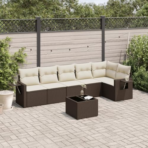 JHQHSM Set di 7 divani da giardino con cuscino in polyrattan, design modulare con vano portaoggetti e sacchetto impermeabile, ripiani pieghevoli, mobili da terrazza resistenti alle intemperie