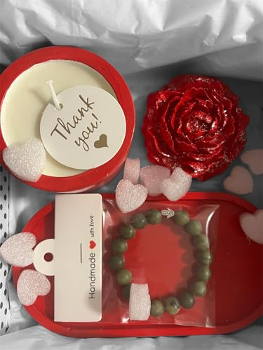 Handmade Candle and Natural Green Jade Bracelet Gift Set with Plaster Candle, Red Rose Decoration, Thank You Tag