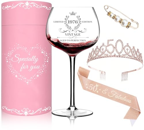 yosiio Regalo 50 cumpleaños mujer, vintage 1976, copa de vino personalizada, decoración para 50 cumpleaños, capa y tiara, set de regalo de cumpleaños para mujeres, mamá, decoración de fiesta de 50