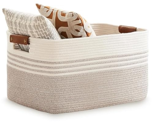 Cesto portabiancheria intrecciato grande in corda di cotone, 72 l, cesto portabiancheria intrecciato in cotone con manici, cesti in tessuto per la conservazione, per cameretta dei bambini, soggiorno