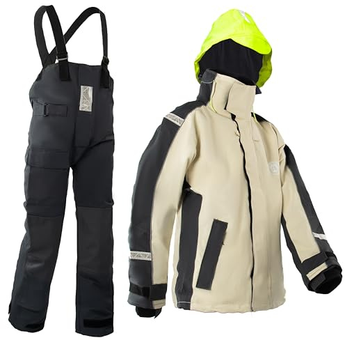 NAVIS MARINE Women's Coastal Sailing Jacket & Bib Pants Combo-Waterproof, Breathable Offshore Hard Shell, Durable Gear(Beige/Carbon, Large)