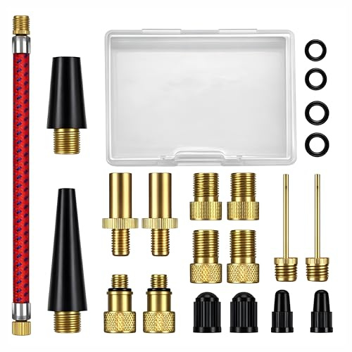 Juego Completo de Adaptadores de Válvula para Bicicleta – Compatible con Válvula Presta, Schrader y Dunlop – Incluye Agujas para Balones, Adaptador de Bomba y Caja Organizadora – 21 Piezas