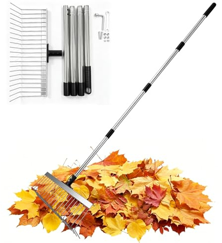 Rastrillo de jardín, 160 cm, mango de acero inoxidable y 21 dientes, rastrillo de escarificación, ancho de trabajo de 40 cm para jardines, césped, recogida de hojas y cortes de césped