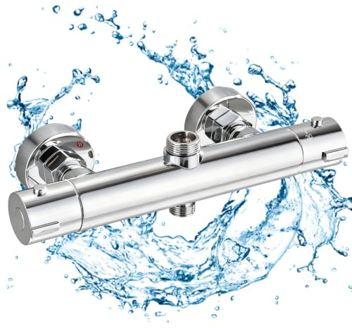 Mitigeur Douche Thermostatique 2 Sorties Robinet Douche Mitigeur Thermostatique Haut G3/4+Bas G1/2 en Laiton Chromé Pour Douche & Colonne
