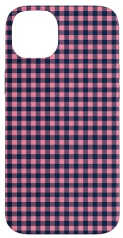 Custodia per iPhone 14 Plus Blu Navy Rosa Mini Gingham Carino Piccolo Check Preppy