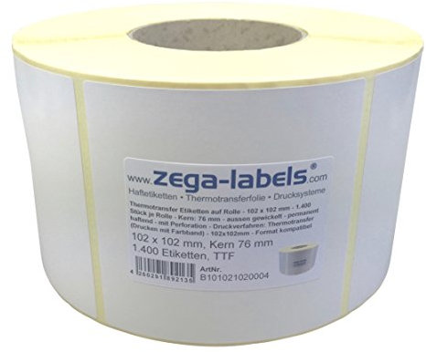 Thermotransfer Etiketten auf Rolle - 102 x 102 mm - 1.400 Stück je Rolle - Kern: 76 mm - aussen gewickelt - permanent haftend - Druckverfahren: Thermotransfer (Drucken mit Farbband)