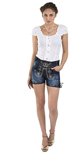 Schöneberger Trachten Damas Traje Tradicional Jeans - Hotpants Jeans Stretch - Pantalones de Cuero Azul (30, Azul - Vaqueros Tradicionales)