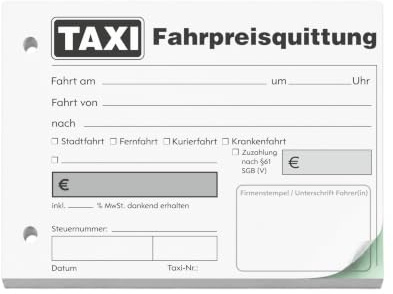 3x Taxiquittungsblock Fahrpreisquittung DIN A6, 2x50 Blatt, 2-fach SD | Taxiquittungsblock DIN A6 quer – 50 zweifache Sätze, weiß/grün, selbstdurchschreibend und gelocht