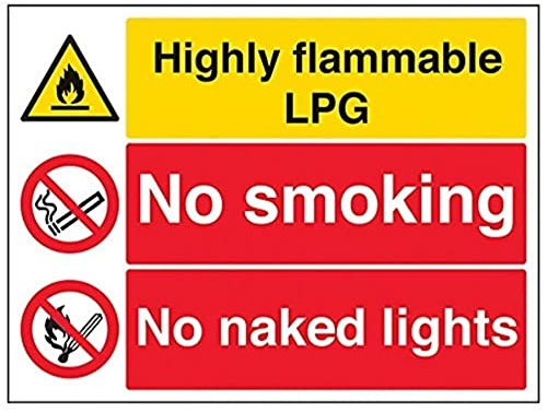 V Safety Highly Flammable Lpg/No Smoking/No Naked Lights Warning Sign - 400mm x 300mm - 1mm Rigid Plastic