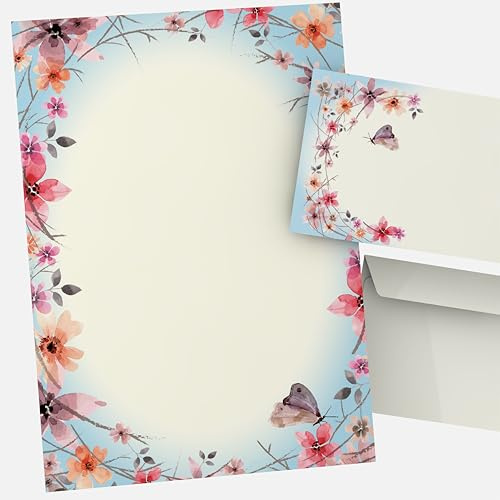 Briefpapier-Set Frühlingsreigen | 20 Blatt Motivpapier DIN A4 + 20 Kuverts DIN LANG | Schreib-Set | Aquarell Schmetterlinge Blumen Mehrfarbig