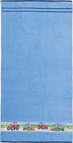 Erwin Müller Kinder-Badetuch Frottier hellblau Größe 70x140 cm - mit Webbordüre Traktor, Bauernhof, 100% Baumwolle