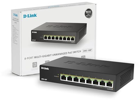 D-Link DMS-108P 8-Port Multi-Gigabit Unmanaged PoE Switch – 2,5GbE, 230W PoE-Budget, 802.3af/at/bt, Lüfterlos, Plug & Play, Metallgehäuse, IGMP Snooping, QoS, Green Ethernet