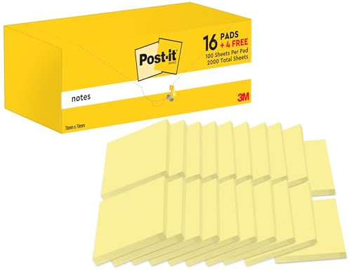Post-it Notizen Kanariengelb, Packung mit 20 Blöcken, 100 Blatt pro Block, 76 mm x 76 mm, Farbe: Gelb - Selbstklebende Notizzettel für Notizen, To-Do-Listen und Erinnerungen