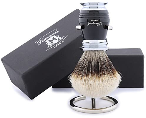 Haryali London Rasierpinsel - 2 teiliges Rasierset mit Rasierpinsel - Rasierpinsel Dachshaar Silberspitz - Edelstahl Rasierständer perfekt für Rasur - Elegant Schwarz Farbe Griff aus Edelharz