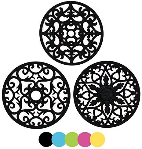 IPHOX 3 Set Silikon Multi-Use kompliziert geschnitzt Untersetzer Matte - isoliert flexible dauerhafte rutschfeste Untersetzer (schwarz)