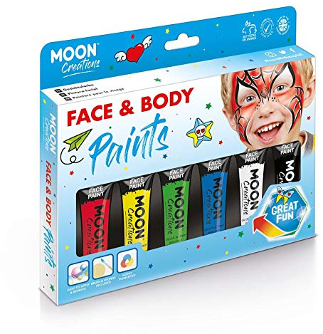 Moon Creations Gesichts- und Körperfarbentuben, gebrauchsfertige Gesichtsfarbe, ohne Flocken, tierversuchsfrei, Gesichtsfarbe, Kostüme, Feste, Halloween