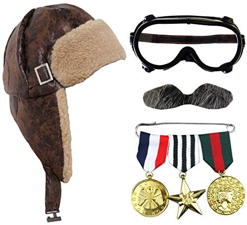 Disfraz de piloto para adultos, VE Day 1940, gorro de piloto con medallas de guerra, bigote gris y gafas de piloto, sombrero de aviador marrón