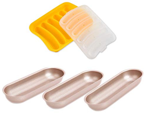 CANDeal Hotdog DIY Set, 3Pcs Nonstick Hot Dog Bun Molds, Long Bread Non-stick Toast Molds with Silicone Sausage Molds for Making Hotdog